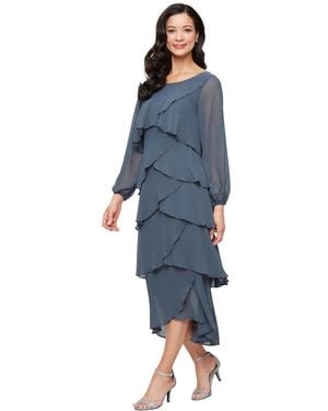Sl Fashions Tea Length Bugle Beads Tiered Dress - Blue