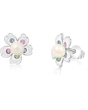 Chanteur Girls /girl/flower White Pearl Crystal White Gold Palladium Plating Screwstud Earring - Metallic