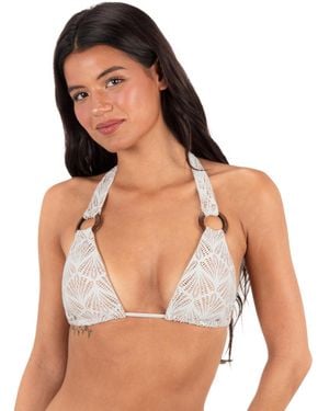 Hurley V-neck Shell Crochet Ring Tri Tie Bikini Halter Top - White