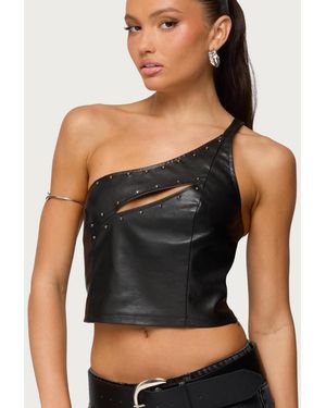 Edikted Asymmetric Cutout Faux Leather Top - Black