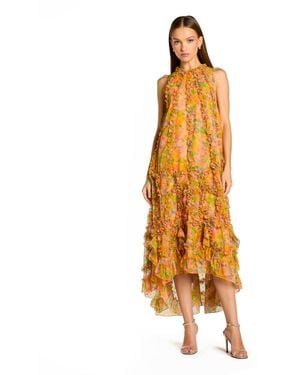 Mac Duggal Floral Applique Tiered Ruffle High-low Midi Dress - Metallic