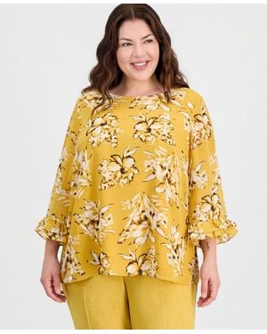 Kasper Plus Size Boat-neck Ruffled-cuff Top - Yellow