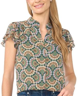 Cece Double-flutter Collared Geometric-print Blouse - Multicolor