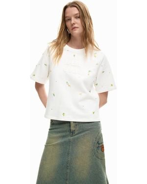 Desigual Logo T-Shirt With Appliqués, Cotton - White