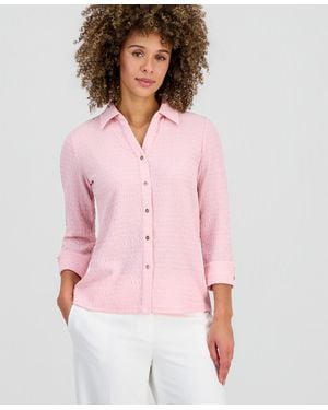 Kasper 3q Button Frt Top With Split Cuff - Pink
