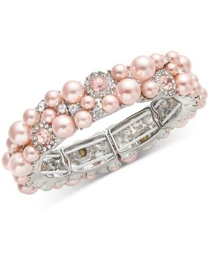 Charter Club Silver-tone Imitation Pearl & Crystal Stretch Bracelet - White
