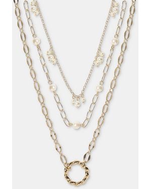 On 34th Open Circle & Imitation Pearl Layered Pendant Necklace - White