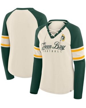 Fanatics Cream/green Bay Packers Hometown Gridiron Hero Raglan Lace-up V-neck Long Sleeve T-shirt
