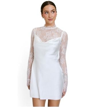Six Stories Lace Sleeve Cowl Satin Mini Dress - White
