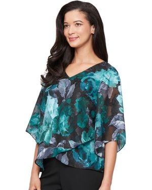 Alex Evenings Printed V-neck Chiffon Blouse - Blue