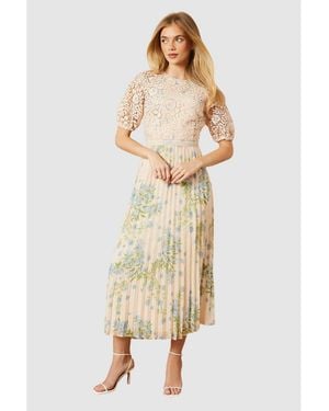 Oasis Floral Lace Bodice Pleated Midi Dress - Natural