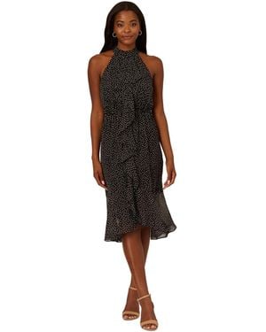 Adrianna Papell Dot-print Waterfall-ruffle Dress - Black