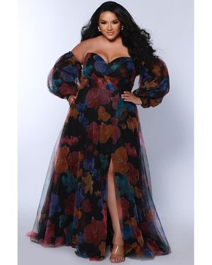 Sydney's Closet Floral Strapless Sweetheart Neckline A-line Gown - Blue