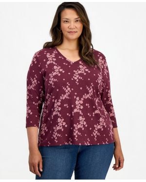 Style & Co. Plus Size Floral-print 3/4-sleeve T-shirt - Red