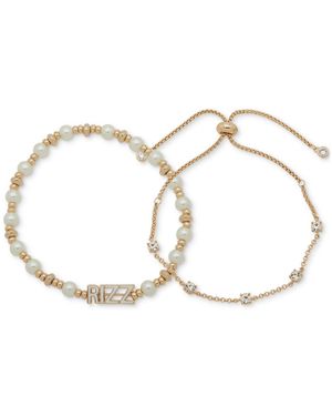 Clueless Gold-tone 2-pc. Set Crystal Slider & Rizz Imitation Pearl Beaded Stretch Bracelets - Metallic