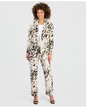 Kasper Animal Print One Button Blazer Straight Leg Pants - White