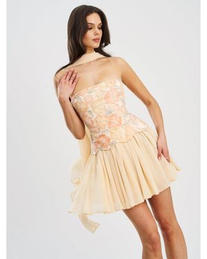 Miss Circle Quanisha Yellow Beaded Floral Mini Chiffon Dress - Natural