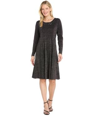 R & M Richards Beaded Long-sleeve Fit & Flare Dress - Black