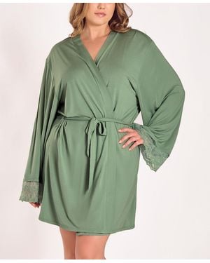 iCollection Plus Size Stretch Knit Long-sleeve Robe - Green