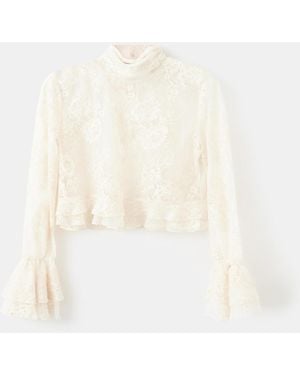 Mango Ruffled Embroidered Blouse - White
