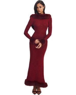 Miss Circle Rhinestone Mesh Low Back Mermaid Gown - Red
