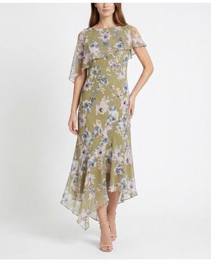 Taylor Floral Print Capelet Fit & Flare Crewneck Polyester Dress - Green