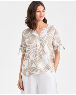 Charter Club 100% Linen Tile Tie-cuff Split-neck Top - White