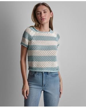 DKNY Petite Short-sleeve Raglan Stripe Crewneck Pointelle Sweater - Gray
