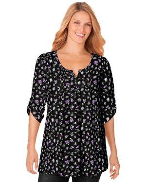 Woman Within Within 7-day Three-quarter Sleeve Pintucked Henley Tunic - Black