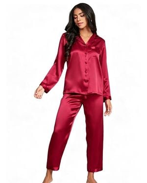 SILKSILKY Long Sleeve Button-up Satin Pajama Set - Red