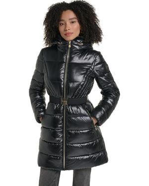KARL LAGERFELD Belted Faux Fur Collar Hooded Puffer Coat - Gray
