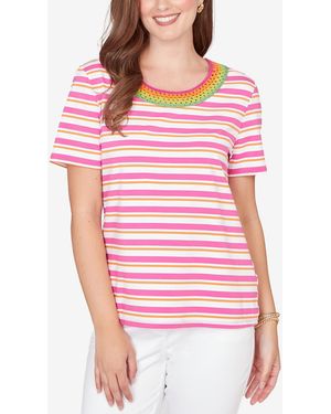 Ruby Rd. Petite Crochet Neck Stripe Knit T-shirt - Red