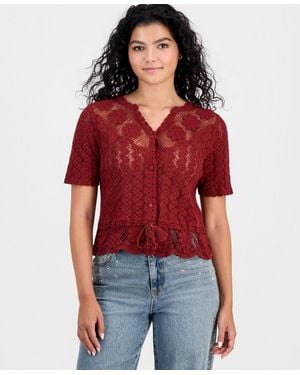 And Now This Cotton Crochet Button-front Peplum Top - Red