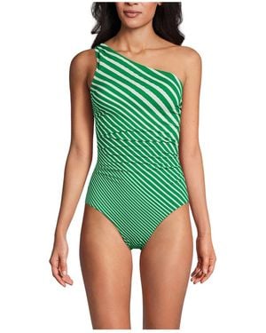 Lands' End Chlorine Resistant Shirred One Shoulder One Piece Swimsuit Removable Adjustable Strap - Green