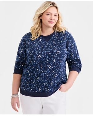 Style & Co. Plus Size Printed Crewneck Fleece Sweatshirt - Blue