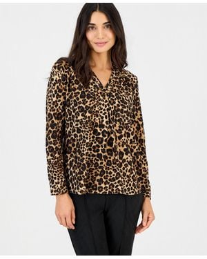 Anne Klein Essentials Petite Long-sleeve Leopard-print Blouse - Brown