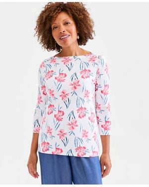 Style & Co. Printed Pima Cotton 3/4 Sleeve Boatneck Top - White