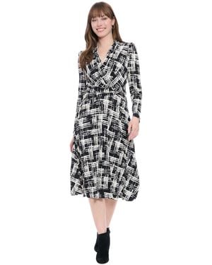 London Times Printed Long-sleeve Midi Dress - White