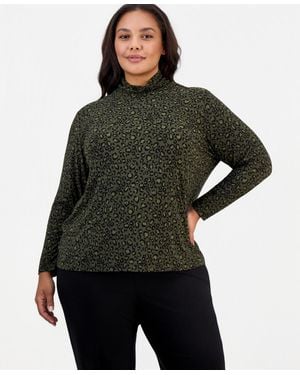 Jones New York Plus Size Leopard-print Shirred-neck Long-sleeve Turtleneck - Black