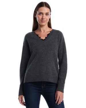 Rafaella Petite V-neck Lace-trim Long-sleeve Sweater - Black
