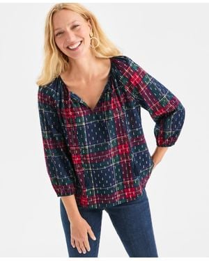 Style & Co. Plaid 3/4 Sleeve Split Neck Top - Blue