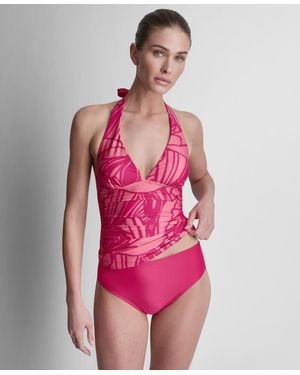 DKNY Halter V-neck Shirred Tankini Top - Pink