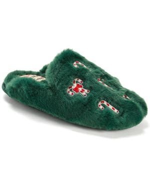 Dearfoams Holiday Fur Shaped Tab Scuff Slippers - Green