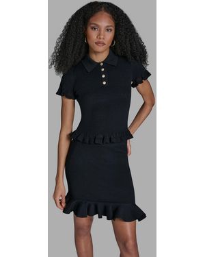 BCBGMAXAZRIA Ruffle Hem Short-sleeve Polo Sweater - Black