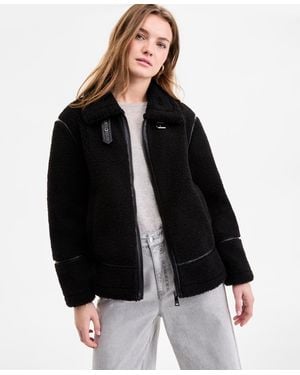 Steve Madden Faux-sherpa Faux-leather-trim Coat - Black