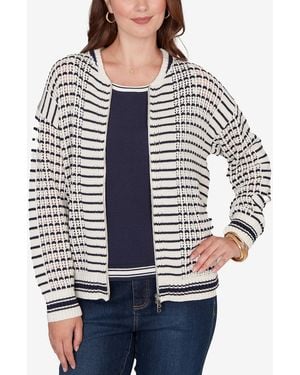 Ruby Rd. Petite Mesh Stitch Zip Sweater Jacket - Blue