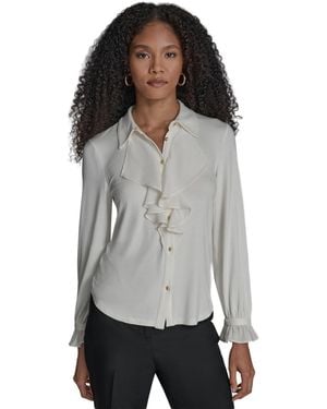 BCBGMAXAZRIA Button Down Ruffle Front Blouse - Gray