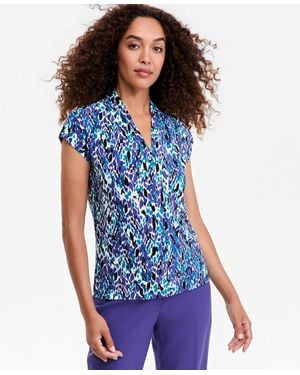 Kasper Petite Extended-sleeve Funnel-neck Printed Blouse - Blue