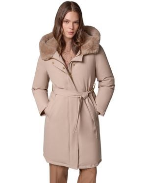Donna Karan Belted Fur Hooded Puffer Coat - Brown