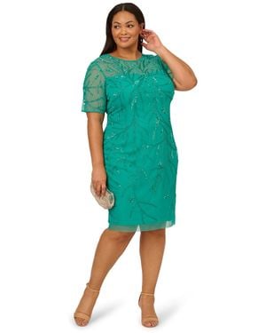 Adrianna Papell Plus Size Beaded Mesh Sheath Dress - Green